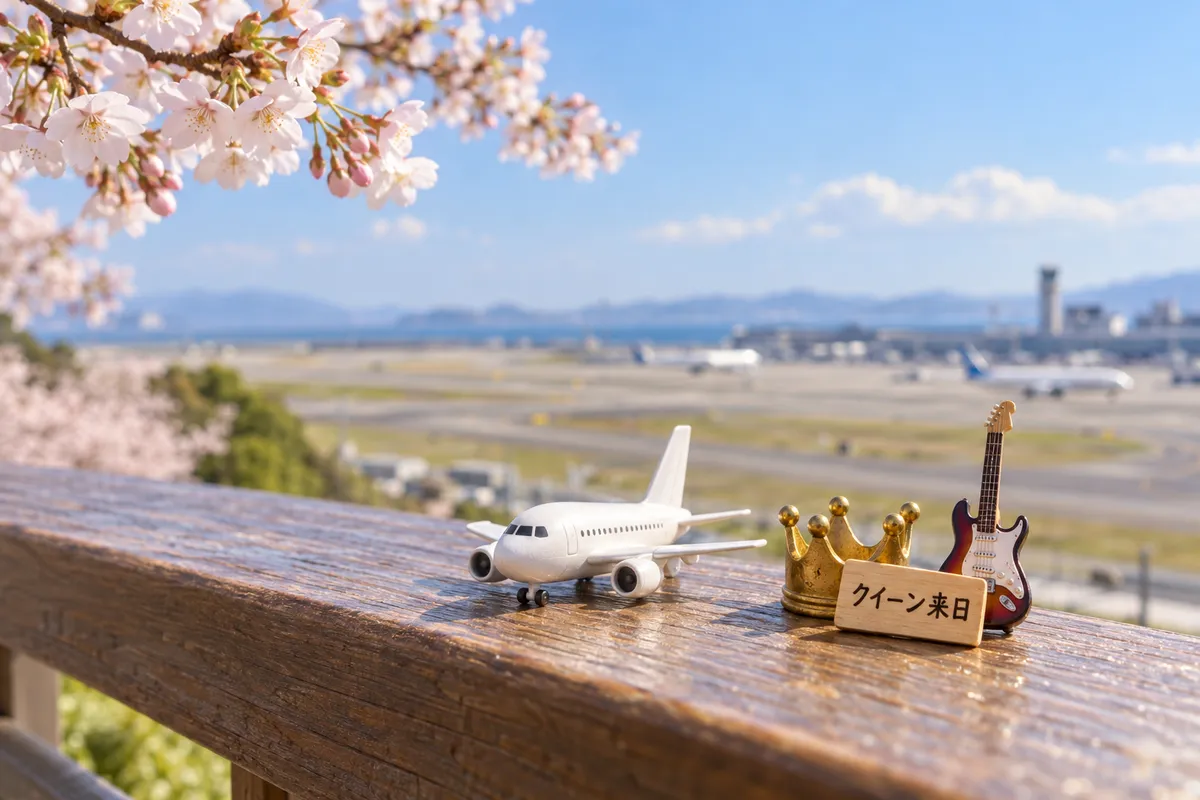 桜の枝と展望デッキの手すりに並ぶ模型の飛行機と王冠