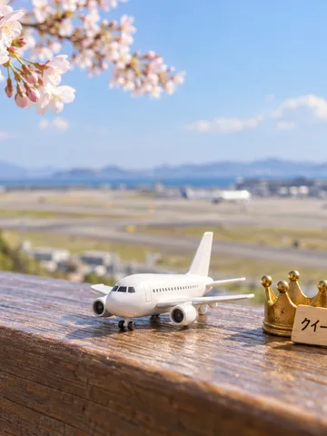 桜の枝と展望デッキの手すりに並ぶ模型の飛行機と王冠