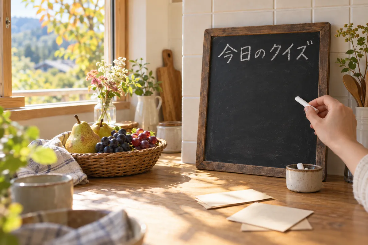 台所の黒板に「今日のクイズ」と書かれた様子