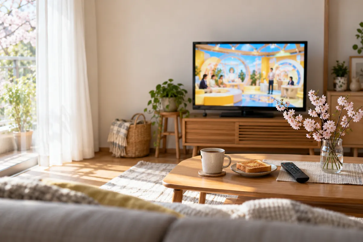 春の日差しの居間で明るい番組が映るテレビ