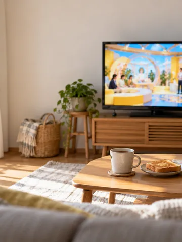 春の日差しの居間で明るい番組が映るテレビ