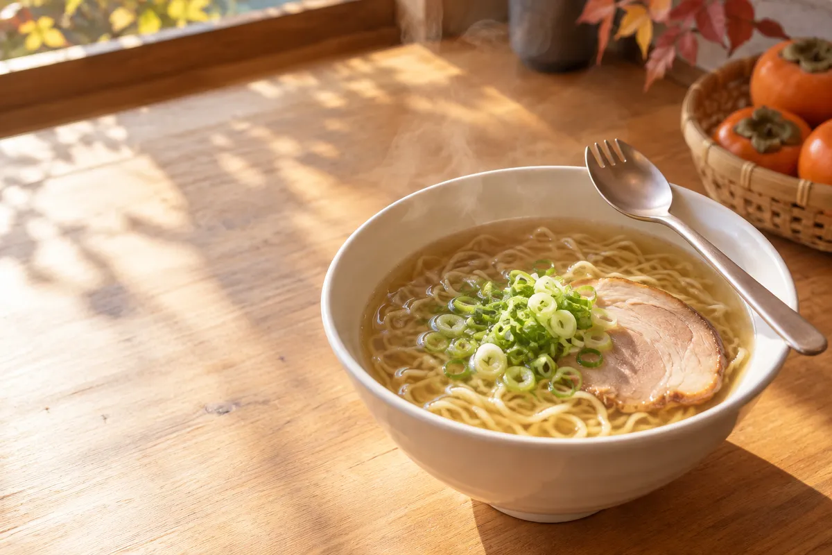 ラーメンの器にのせたスプーンとフォークが一体の食器