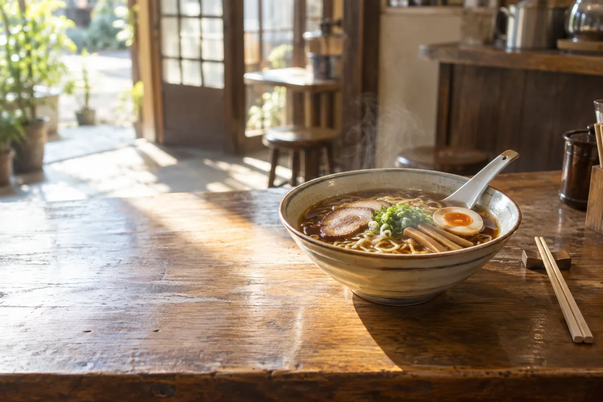 木のカウンターに置かれた湯気の立つラーメンとレンゲ、箸