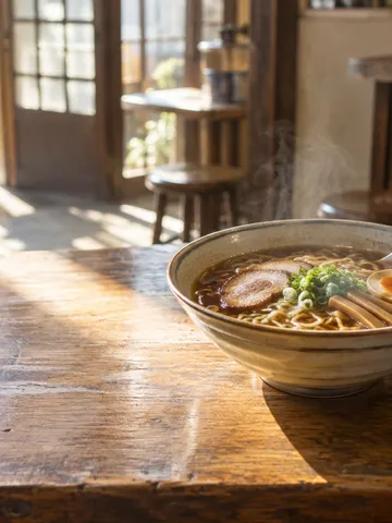 木のカウンターに置かれた湯気の立つラーメンとレンゲ、箸