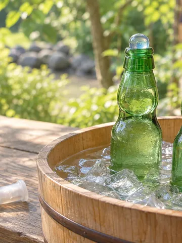 氷水に浮かぶラムネ瓶と、ビー玉を押し込んだ瓶