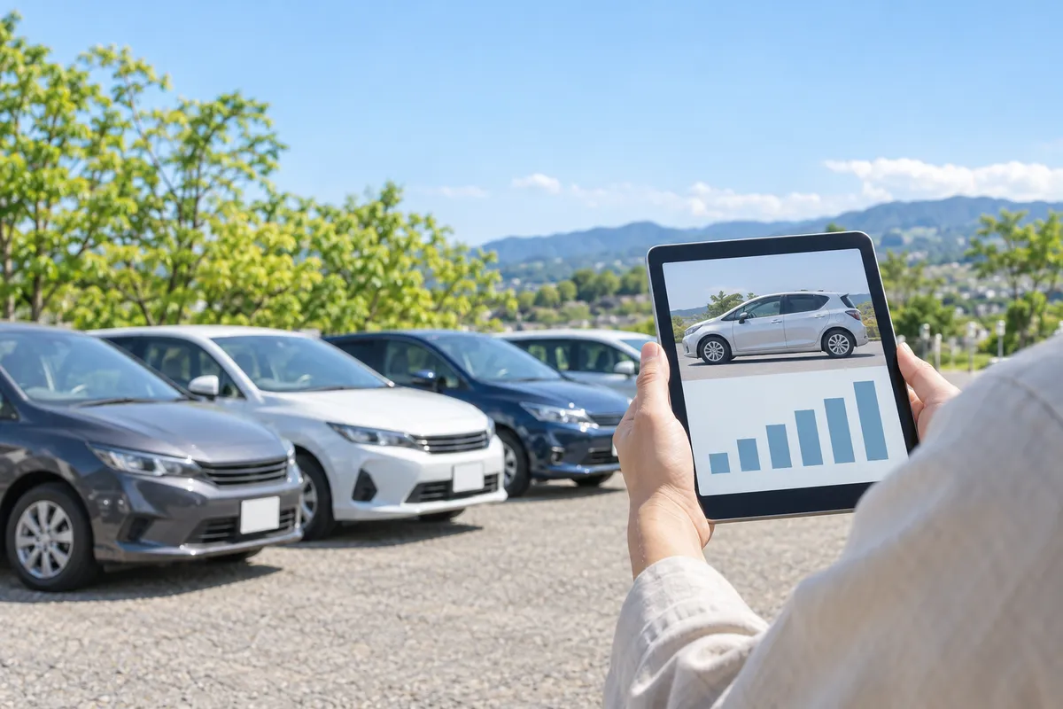 中古車が並ぶ屋外でタブレットを持つ手元