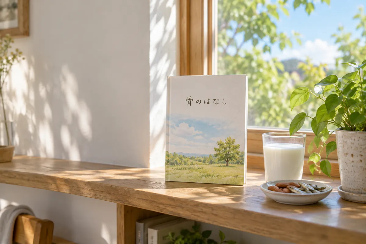 「骨のはなし」の本と牛乳、アーモンド