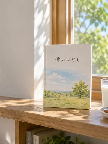 「骨のはなし」の本と牛乳、アーモンド