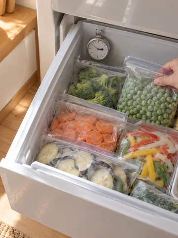 冷凍庫の中の冷凍野菜を手に取る様子