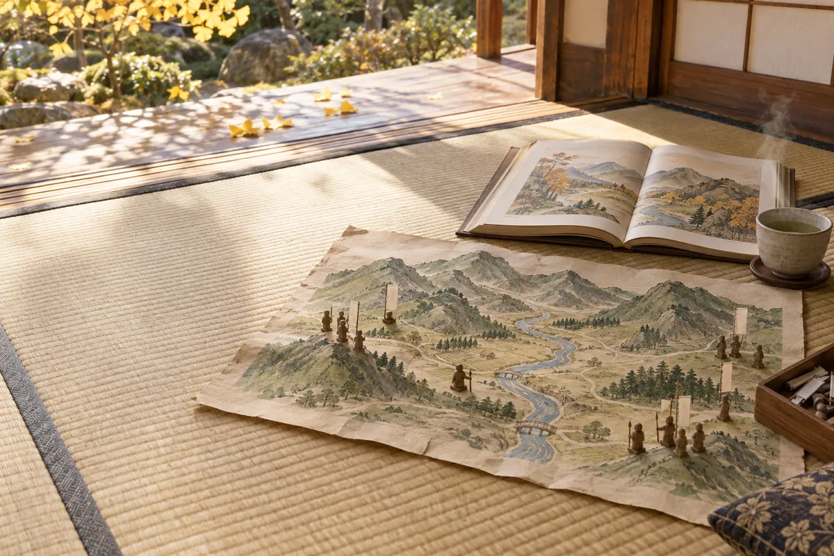 畳の上の地図に並ぶ木の兵隊と歴史の本