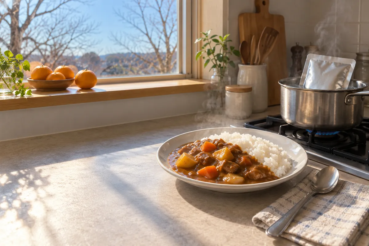 湯せん中の袋とカレーライスのある冬の台所