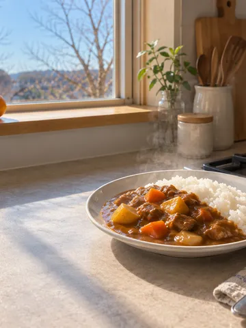 湯せん中の袋とカレーライスのある冬の台所