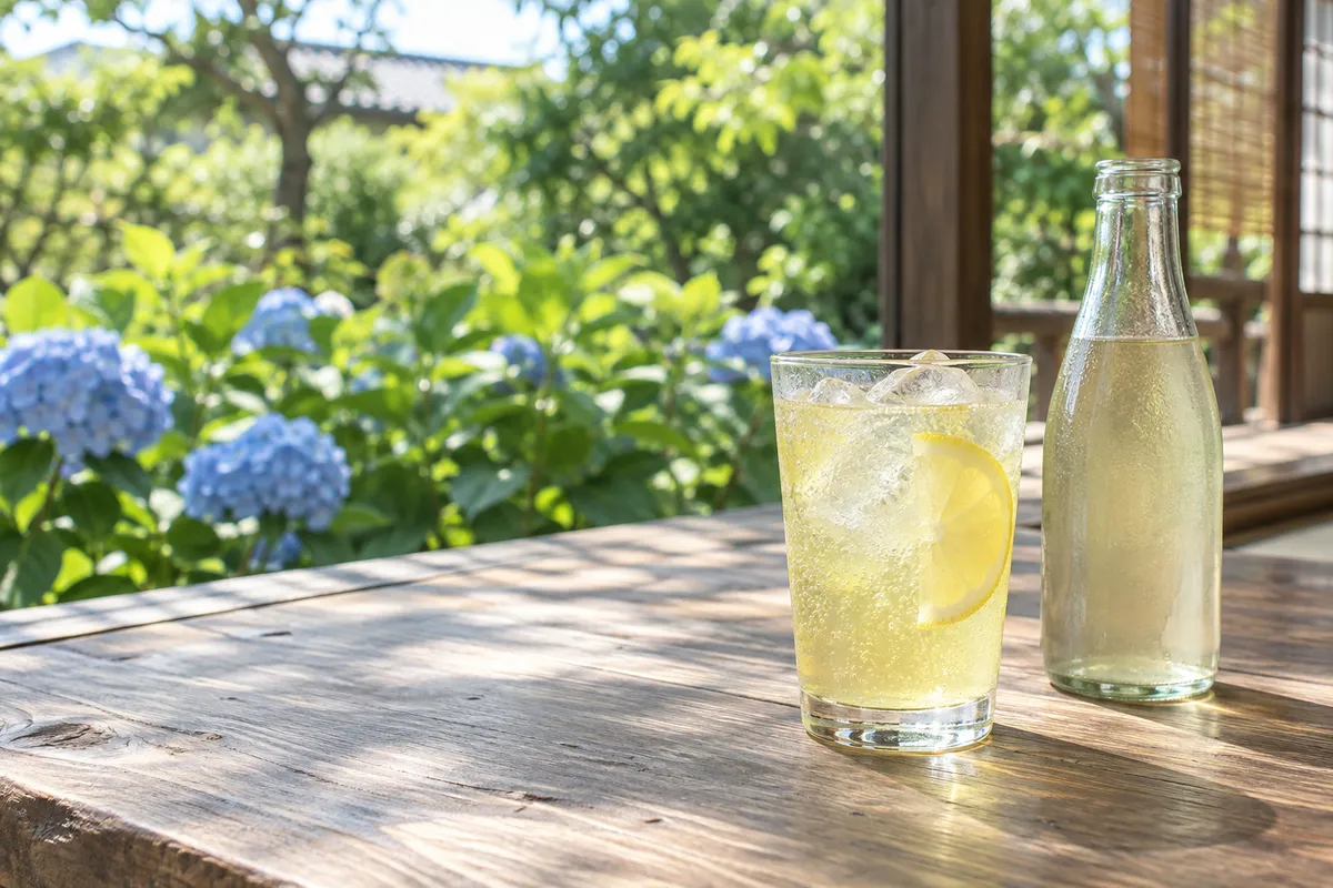 氷とレモンを入れた炭酸飲料のグラスと紫陽花