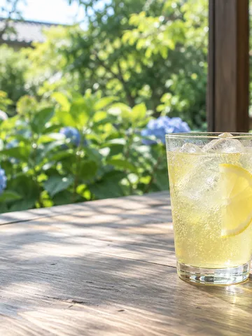 氷とレモンを入れた炭酸飲料のグラスと紫陽花