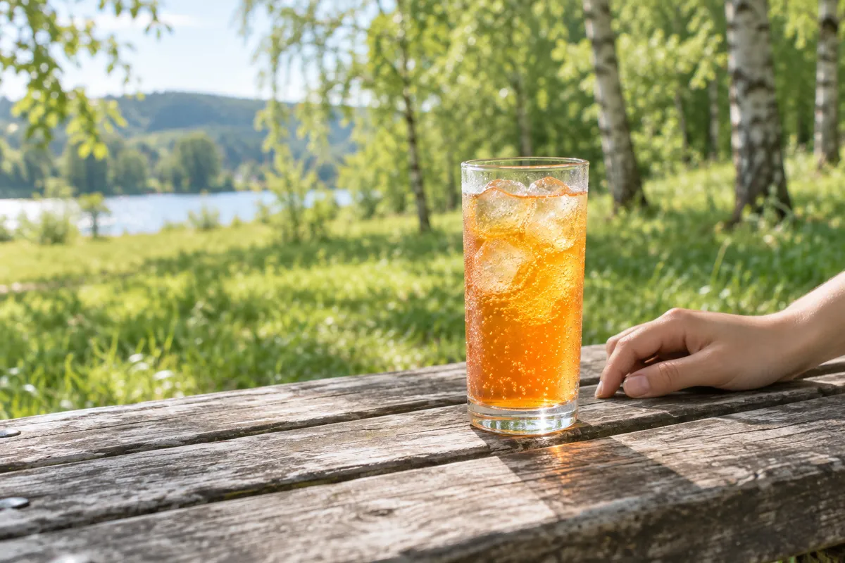 日なたのベンチに置かれた氷入りの炭酸飲料のグラス