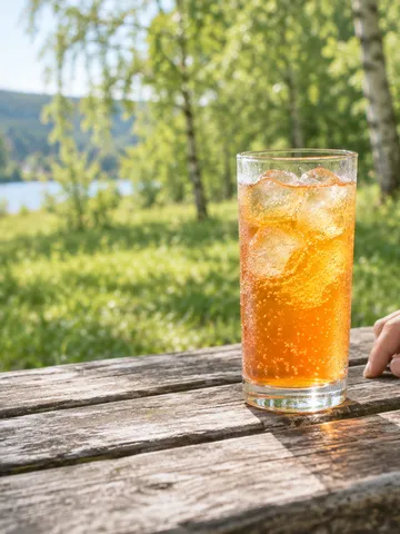 日なたのベンチに置かれた氷入りの炭酸飲料のグラス