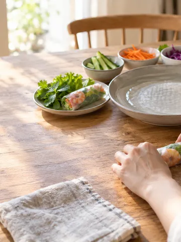 食卓でライスペーパーに具材を巻く手元