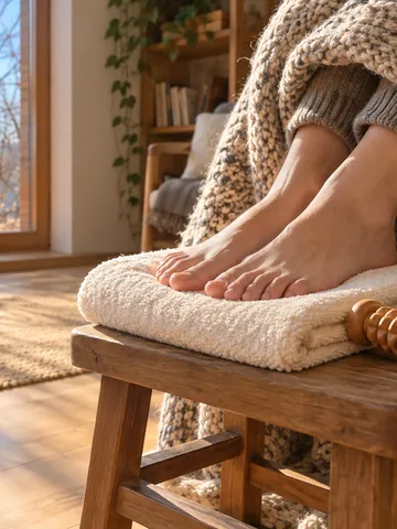 日差しの差す部屋でタオルの上に置かれた足元と足ツボ用ローラー