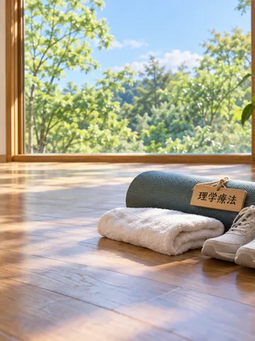 「理学療法」の木札とマット、タオル、靴