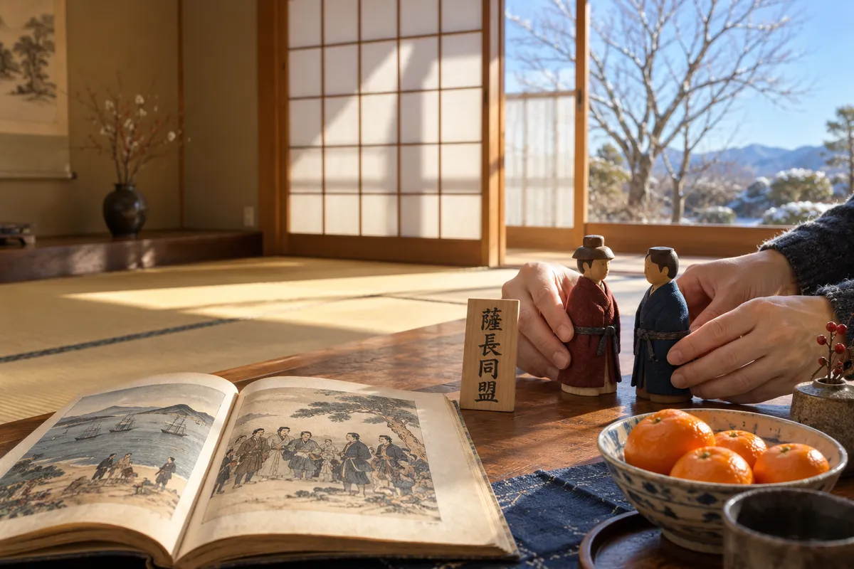 向かい合う二つの木人形と薩長同盟の木札