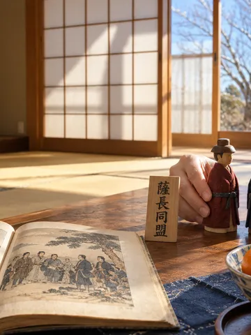 向かい合う二つの木人形と薩長同盟の木札