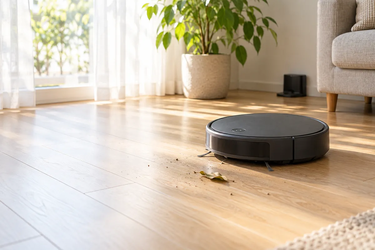 木の床を進む円盤形のロボット掃除機と充電台