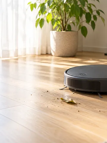木の床を進む円盤形のロボット掃除機と充電台