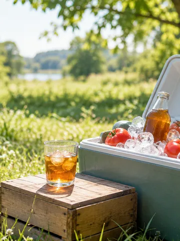 日なたのクーラーボックスで氷に冷やされたトマトと麦茶