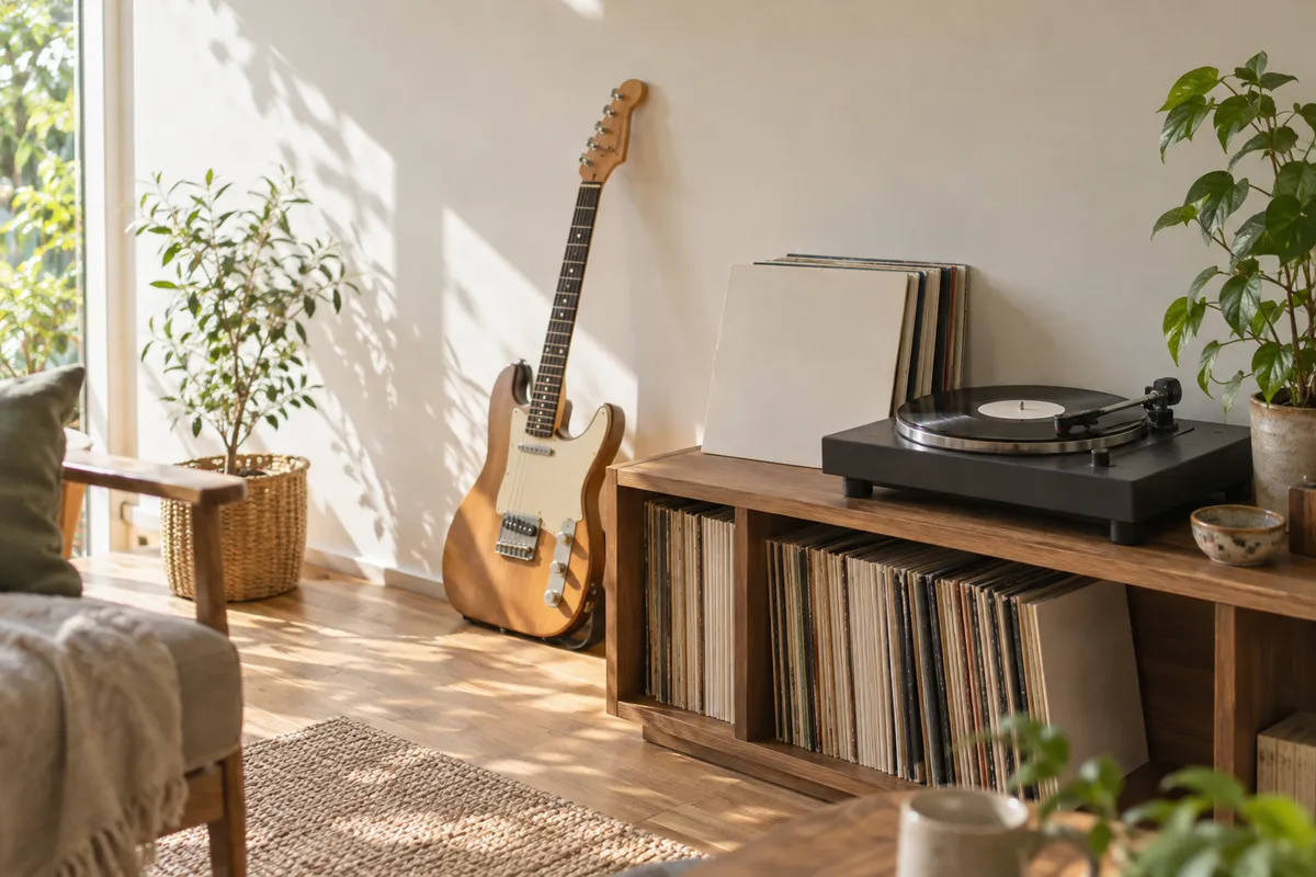 レコードプレーヤーとエレキギターのある明るい部屋