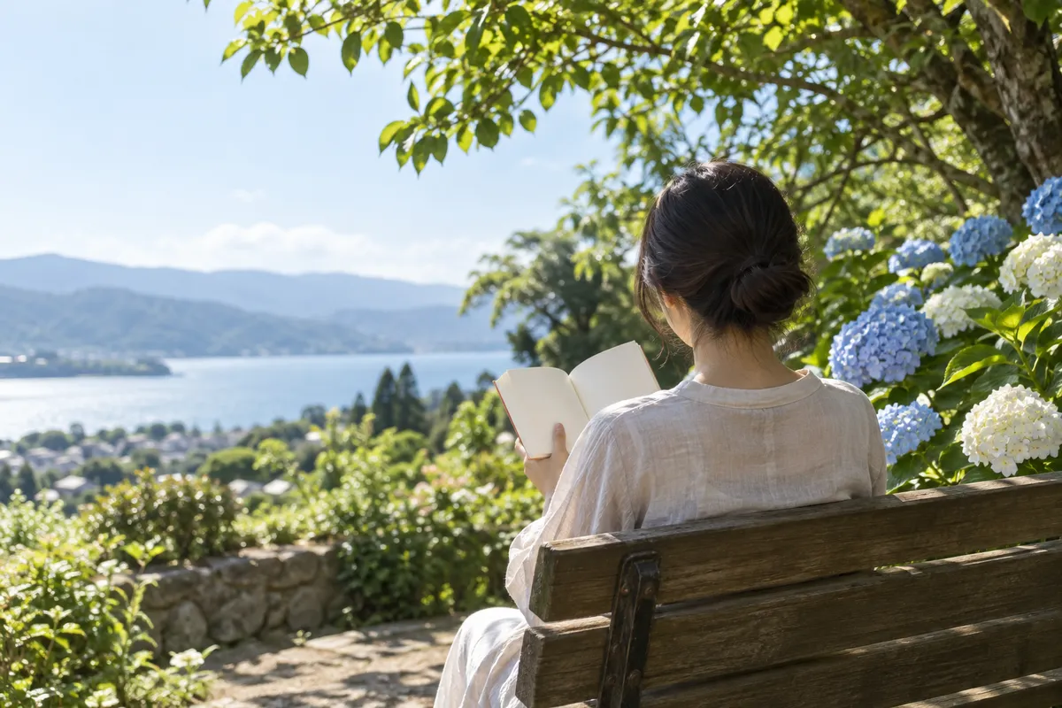 庭のベンチで詩集を開いて朗読する人の後ろ姿