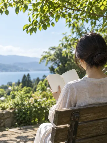 庭のベンチで詩集を開いて朗読する人の後ろ姿