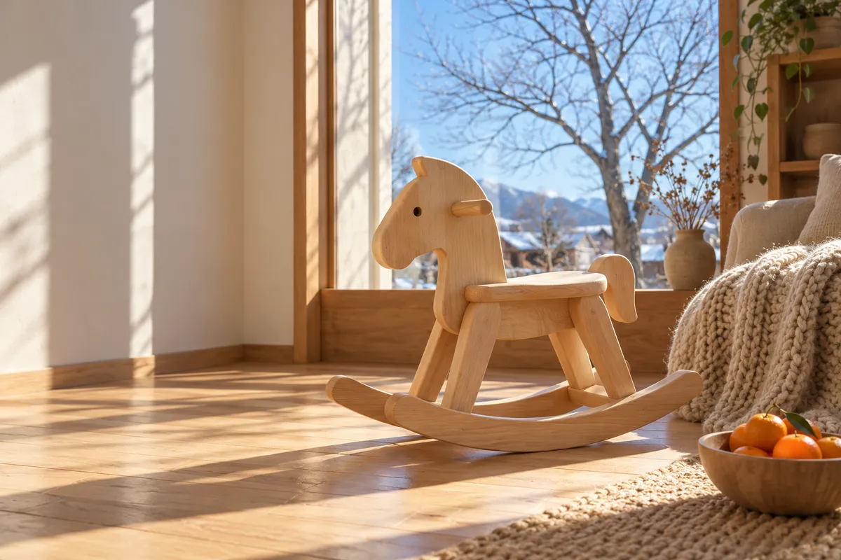 日だまりの部屋に置かれた素朴な木馬の玩具