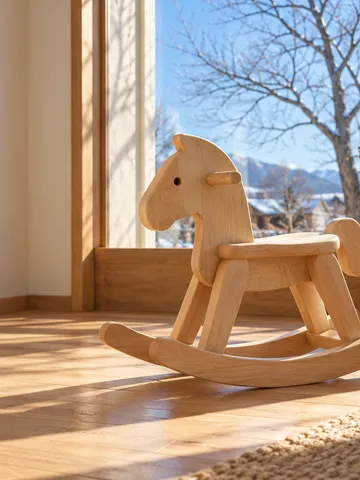 日だまりの部屋に置かれた素朴な木馬の玩具