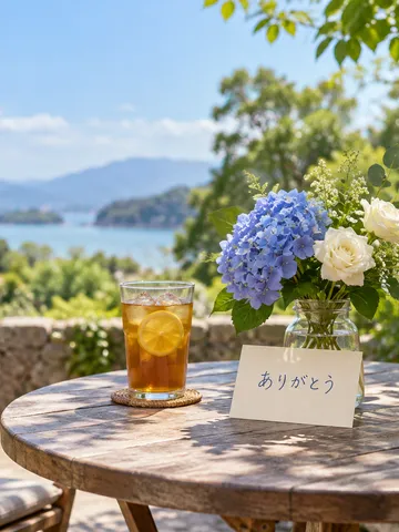 紫陽花の花束と「ありがとう」のカードがあるテラス席