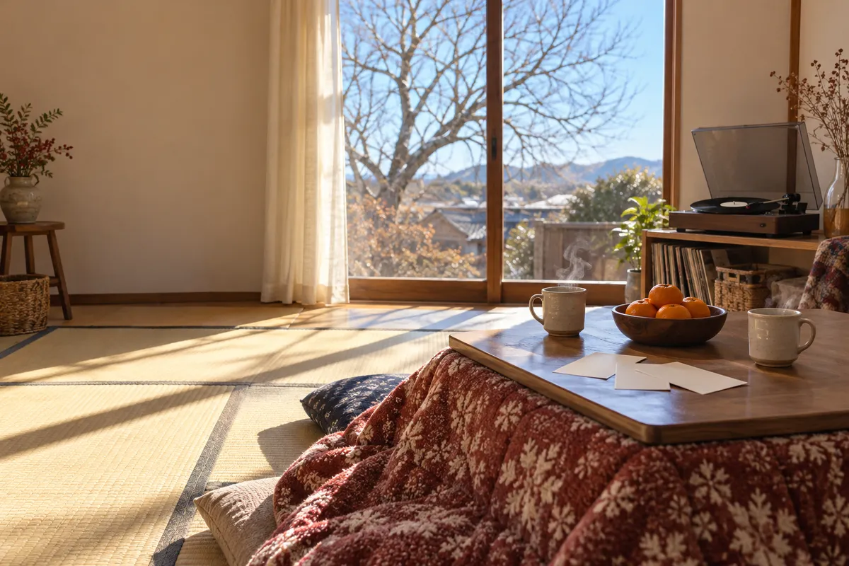 こたつとレコードプレーヤー、みかんと二つのマグカップ
