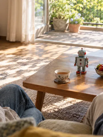 ソファで語らう二人とブリキのロボットのおもちゃ