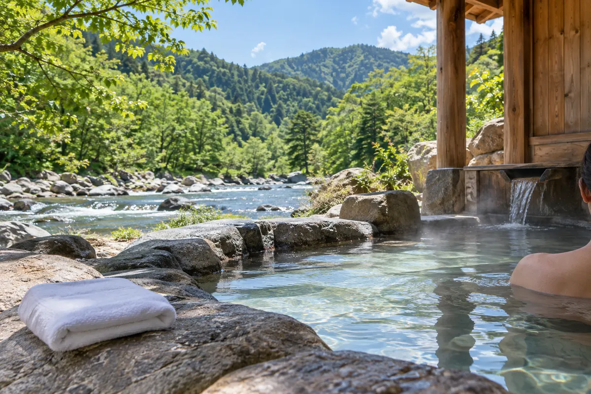 山あいの川辺にある石組みの露天風呂