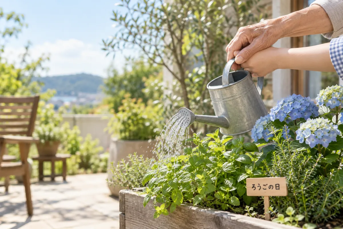 高齢者と若者の手が一緒に植木へ水やりをする様子