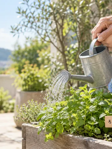 高齢者と若者の手が一緒に植木へ水やりをする様子