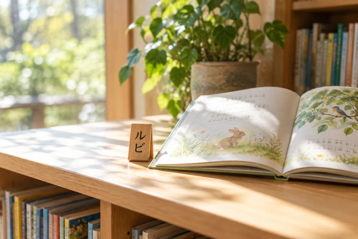 ふりがな付きの絵本と「ルビ」と書かれた木の札