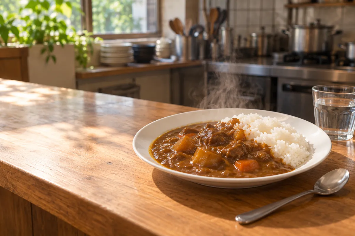 木のカウンターに置かれた湯気の立つカレーライス
