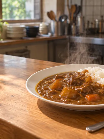 木のカウンターに置かれた湯気の立つカレーライス