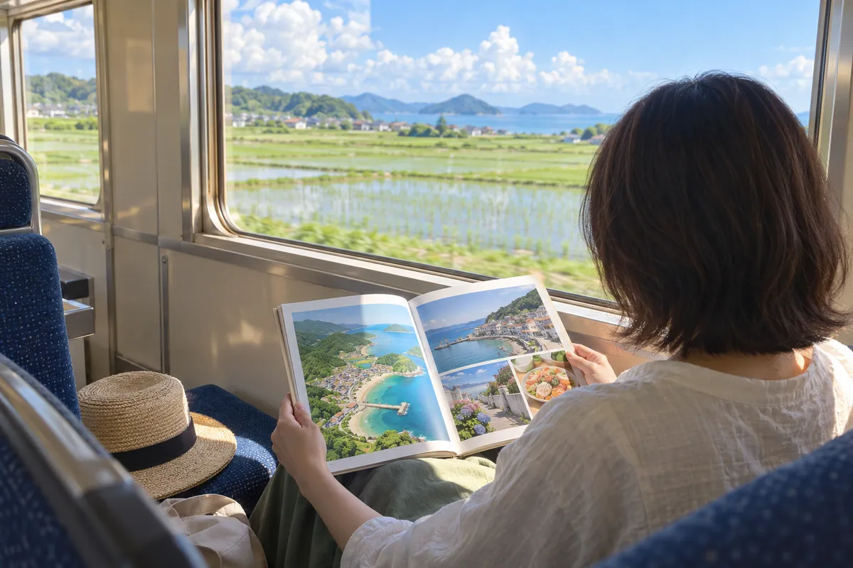 電車の席で旅行ガイドブックを開く手元