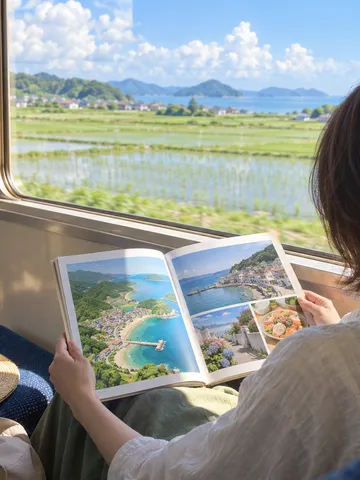 電車の席で旅行ガイドブックを開く手元