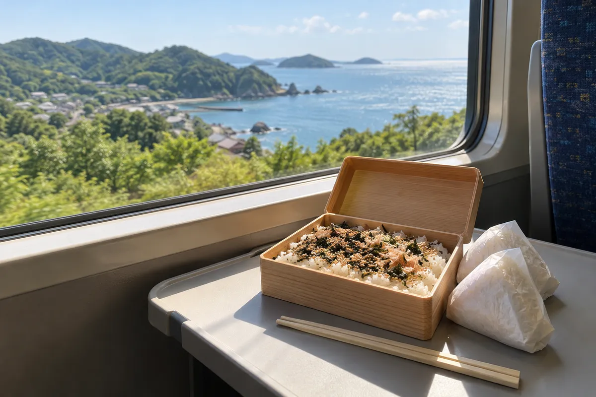 列車の窓辺でふりかけごはんの弁当を開いた様子