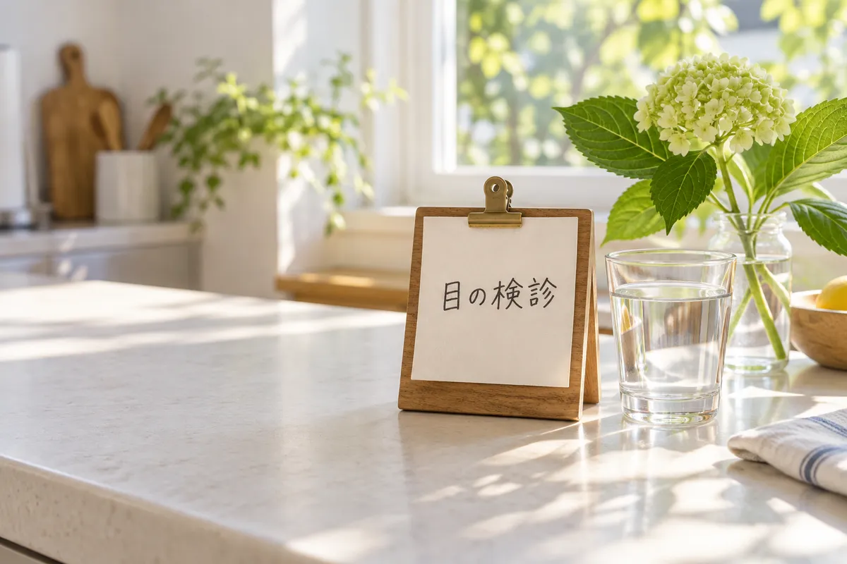 「目の検診」と書かれた札が付いた卓上カレンダー
