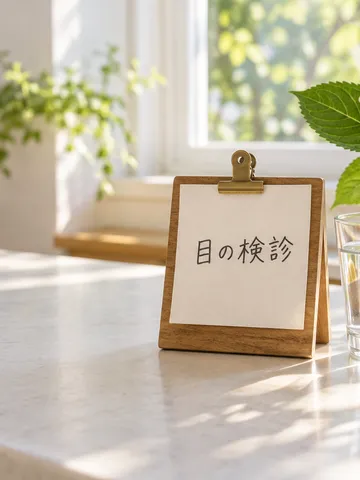 「目の検診」と書かれた札が付いた卓上カレンダー