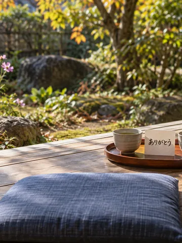 縁側に並ぶ二つの湯のみと「ありがとう」のカード