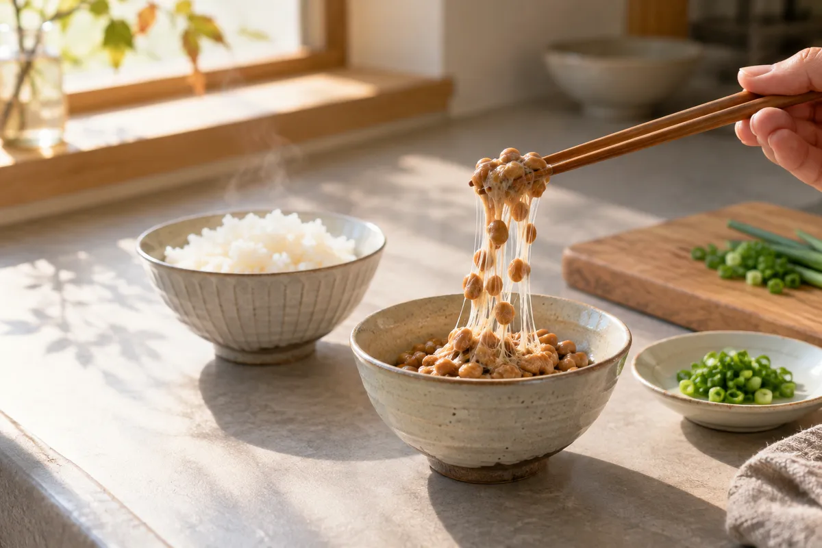 台所で納豆を混ぜる手元とご飯、刻みねぎ