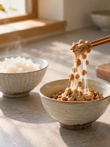 台所で納豆を混ぜる手元とご飯、刻みねぎ